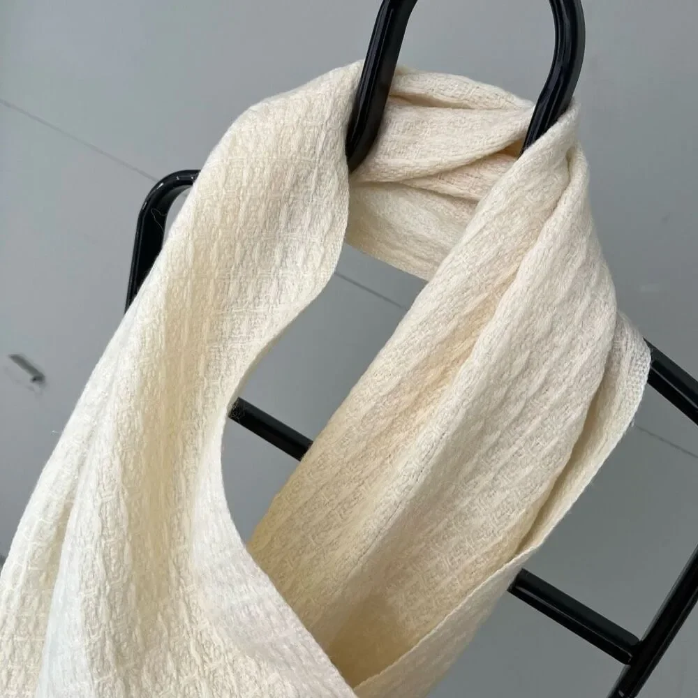 Vintage Cream Wool Woven Fringed Scarf Wrap 71